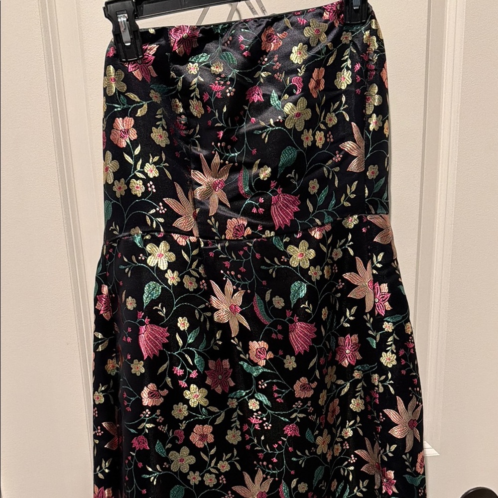 NWT Lulu’s Elegant Black Midi Dress with Pink & Green Floral Metallic Jacquard